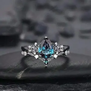 Gothic 2pcs Black Gold Pear Shaped Alexander Engagement Ring, Black Flower Promise Ring Set With Unique Platinum Black Magic Ring Bride Set Gift