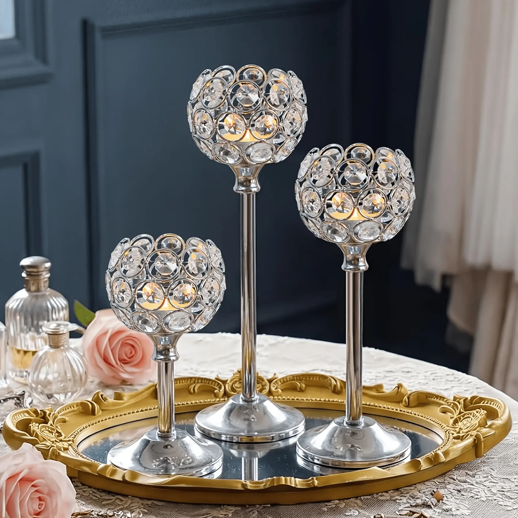 Set of 3 Silver Crystal Ball Tealight Candle Holders, Tall Metal Votive Candlesticks, Elegant Table Centerpieces for Wedding, Banquet, Candlelight Dinner & Hotel Decor, Candles Not Included