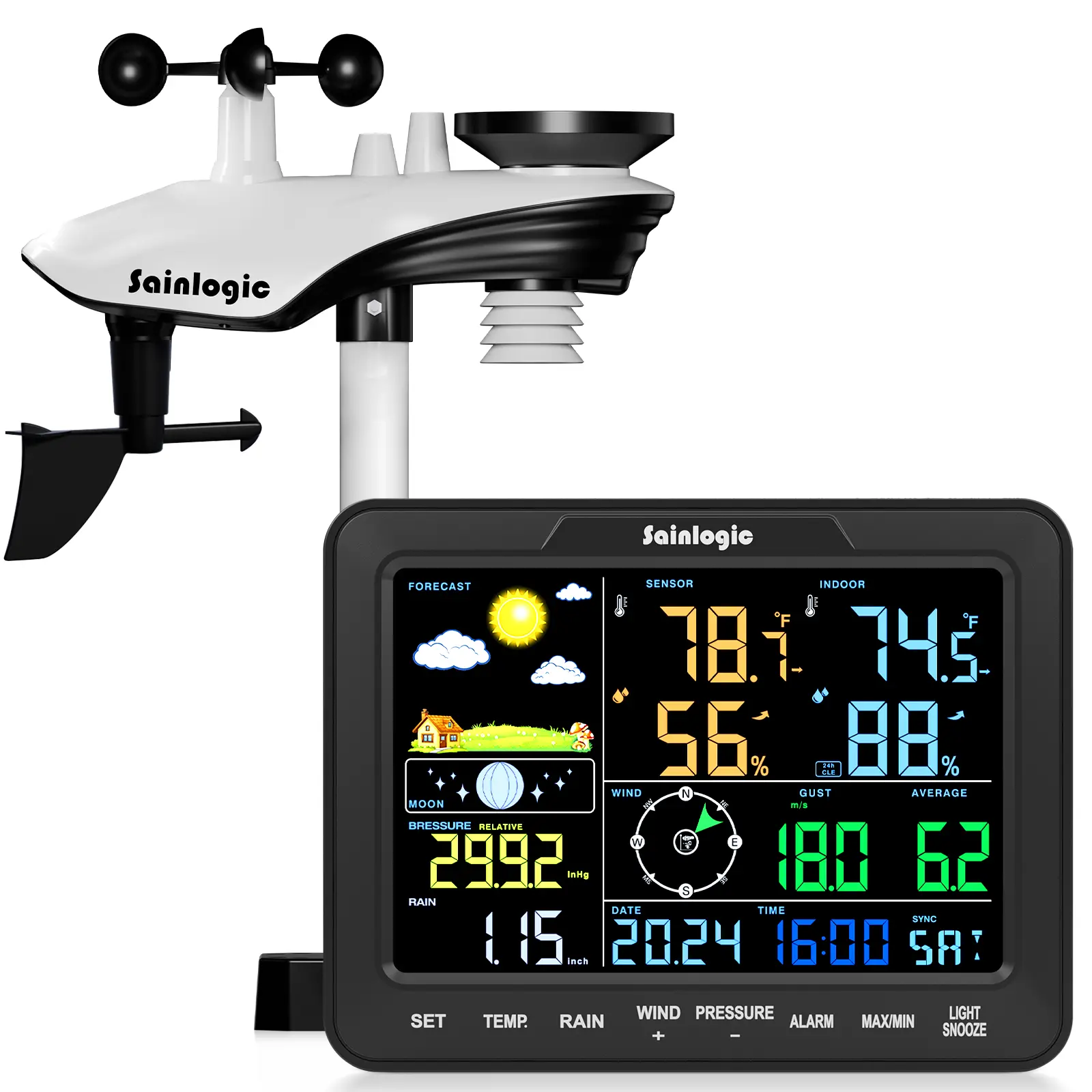 Sainlogic SA68 Home Weather Station - Wireless Indoor-Outdoor Monitoring Kit with Rain Gauge, -40℉ to 60℉ Temperature, Humidity, Forecast, Pressure, Moon Phase, Alarm Clock for Bedrooms, Farmers, Ranchers, Gardeners, DIY Enthusiasts, Black (No WiFi)