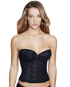 Dominique Annabel Longline Lace Strapless Bra #7749 - Low Back Plunge Bridal Corset with Full Coverage Cups & Detachable Garters - Supportive Shapewear Bustier for Wedding Dresses - Black