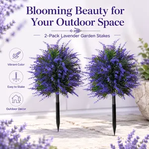2-Piece Sets Decorative UV-Resistant Artificial Lavender Plant - Purple Faux Flower Ball Shrub with Ground Spike, Low-Maintenance Fake Plant for Outdoor Garden, Indoor Home Decor