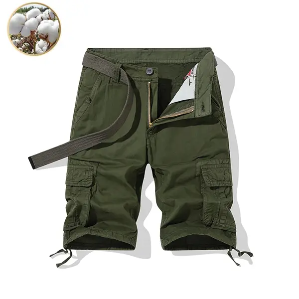 Men’s 100% cotton multi-pocket cargo shorts two-pack, comfortable and moisture-wicking, resists wrinkles and deformation, includes a belt, suitable for everyday outdoor wear in summer.