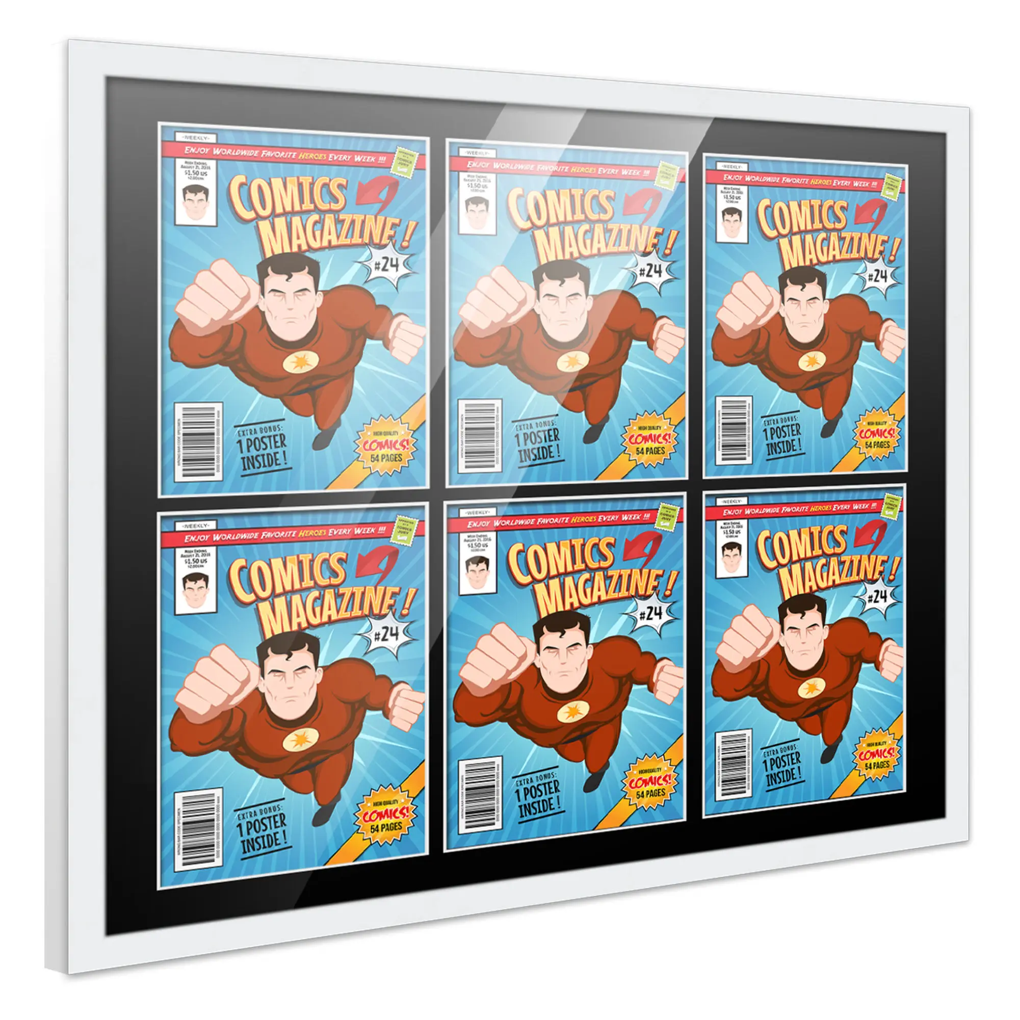 Comic Book Frame with Mat for 6 Current Era Comics Published After 1985 - White Wood Comic Frame With Black Mat for 6.875x10.5 Comics - 29x26 Frame Size