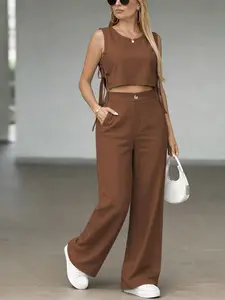 Women's Coffee Color Summer Set, Womenswear, Sleeveless Short Blouse, High Waist Wide Leg Trouser Pants, Casual Everyday Two-Piece, Comfortable and Fashionable Lady