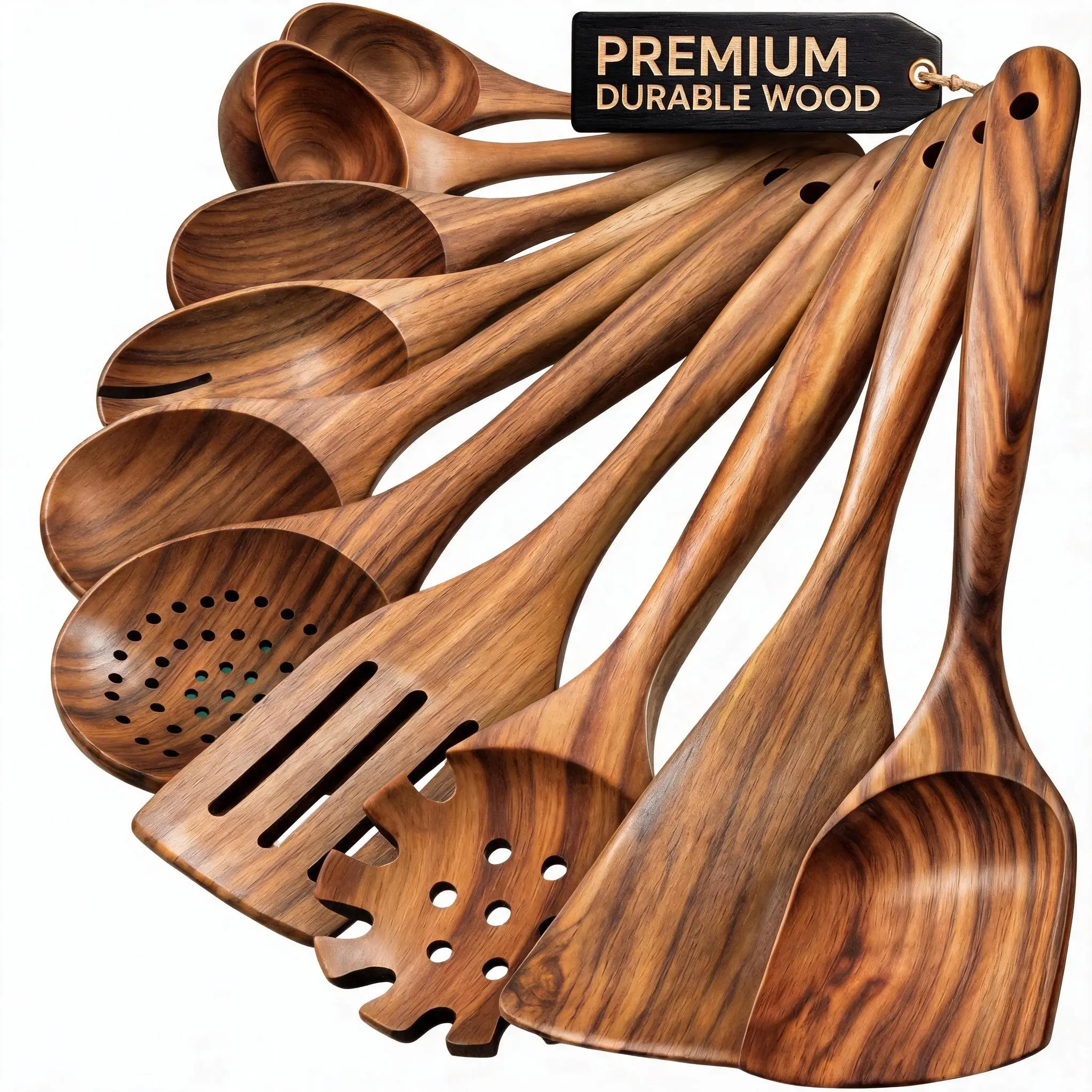 10-Piece Premium Acacia Wood Kitchen Utensils Set, Heat-Resistant Non-Scratch Smooth Spoons, Spatulas & Tongs, Safe for Non-Stick Cookware, Easy-to-Clean Durable Kitchen Gadgets (Mani or Small-Leaf Acacia Wood Options)