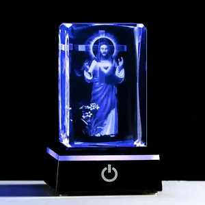 3D Crystal Cross Jesus Missionary Figurine with Colorful Light Base, Religious Gifts for Women Men Christian, Laser Engrave Inspirational Gifts for Friends Faith on Birthday Unique figurine gift