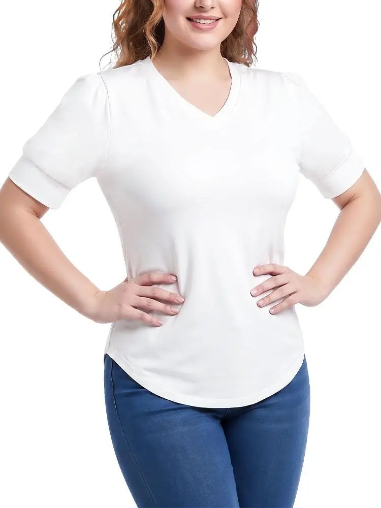 Women's V Neck Puff Half Sleeve T-Shirt, Soft Stretchy Curved Hem Casual Tee, Solid Color Basic Top for Summer Everyday & Work Wear  female trailblazer apparel