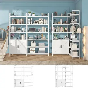 Large L Shaped Bookshelf for Living Room 6-tire Farmhouse Black Corner Book Shelf with 2 Barn Doors and 10 Storage Shelves, 71.3" Tall Convertible Etagere Bookcase with Storage Cabinet