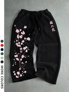 Men's Casual Sporty Long Pants, Sakura Pattern Print, Drawstring Wide Leg, Loose Fit, All Season Fashion, Men's Clothing, Floral Print Sweatpants