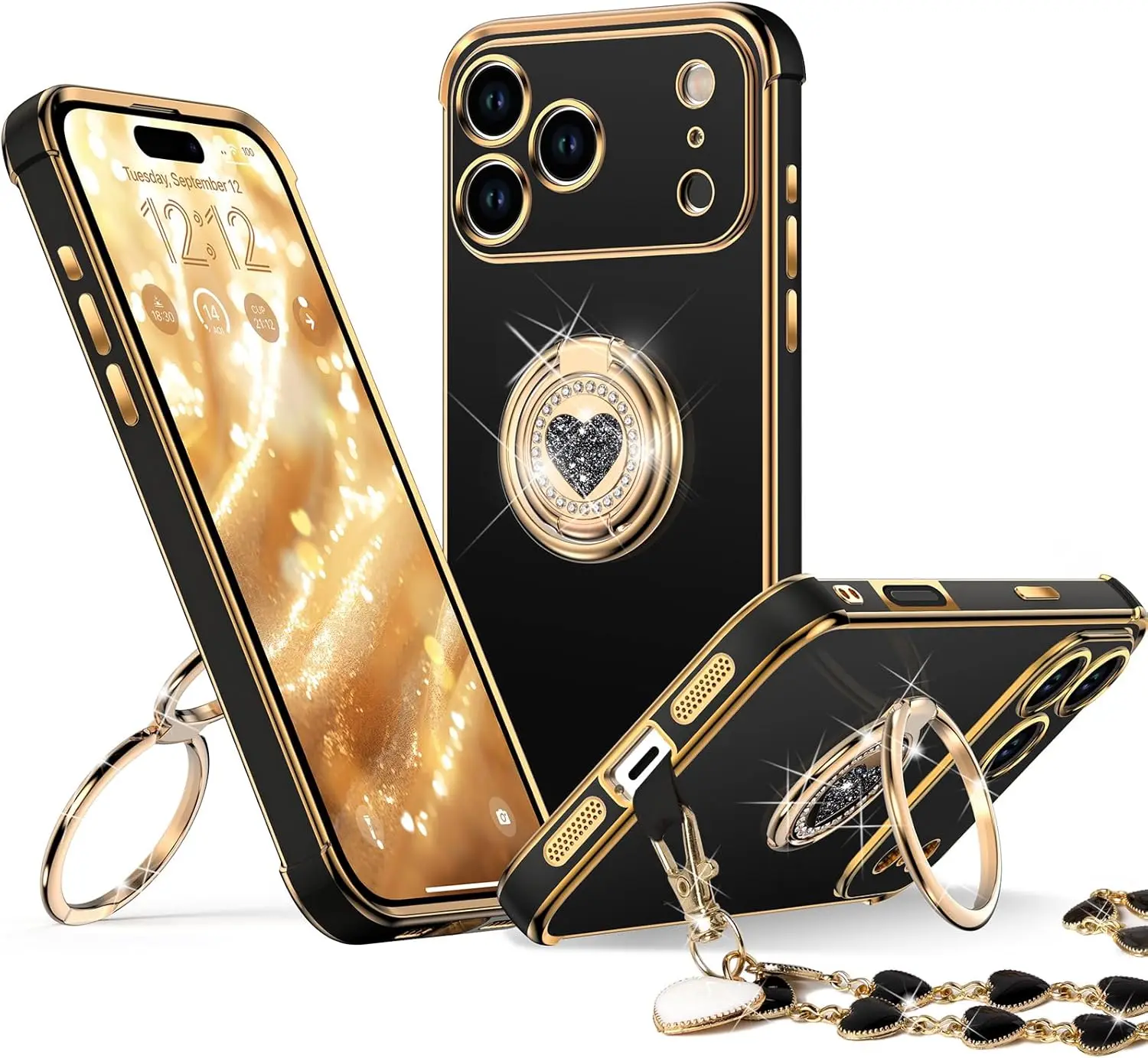 XYZ Shiny Luxurious Heart-Shaped Protective Phone Case with Double-Ring Stand for iPhone, Samsung – Women’s Cute Accessory