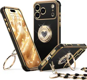 XYZ Shiny Luxurious Heart-Shaped Protective Phone Case with Double-Ring Stand for iPhone, Samsung – Women’s Cute Accessory