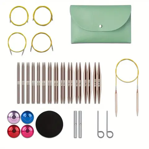1 Set Interchangeable Circular Knitting Needles Kit,Including 13 Pairs Premium Aluminum Needles(3-10mm) & Accessories,Sewing Supplies