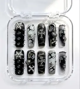 Gothic Black Silver Press On Nails Handmade Punk Spikes Cross Nails Art Gift For Her