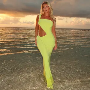 Single Strap Asymmetrical Bodycon Mermaid Maxi Dress with Cutout & Twist Knot Sash Tie Dress Women's 2025 New Fall Elegant Casual Dating Party Dress Halter Backless Vacation Holiday Beach Sexy Solid Color Dress