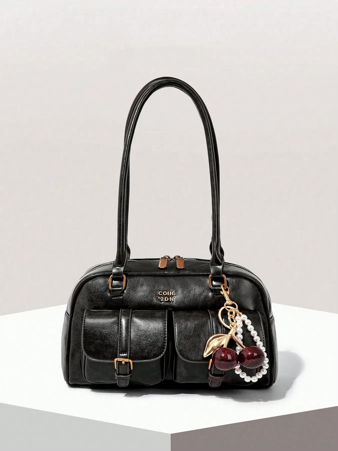 Elegant retro exquisite atmosphere handbag, fashionable and versatile double pocket Portable Shoulder Bag, with cherry and pearl string pendant ornaments, can accommodate mobile phones, lipstick, suitable for commuting and shopping, Casual Commuter Bag