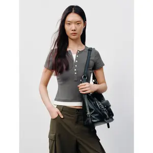 URBAN REVIVO 2026 Summer Women's Casual Color Block Henley Neck Fake Two-Piece Slim Fit T-Shirt UYY460131