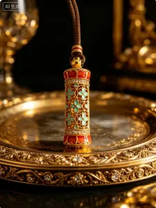 18K Gold Plated Filigree Cylinder Pendant Necklace, Handcrafted Enamel Cloisonne Four-Leaf Clover Locket, Luxury Oriental Vintage Jewelry with Adjustable Woven Rope for Women Banquet Daily Wear