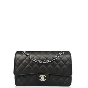 Pre-owned CHANEL Leather Shoulder Bags Medium Double Flap Grained Calfskin Black (kr030126a3)