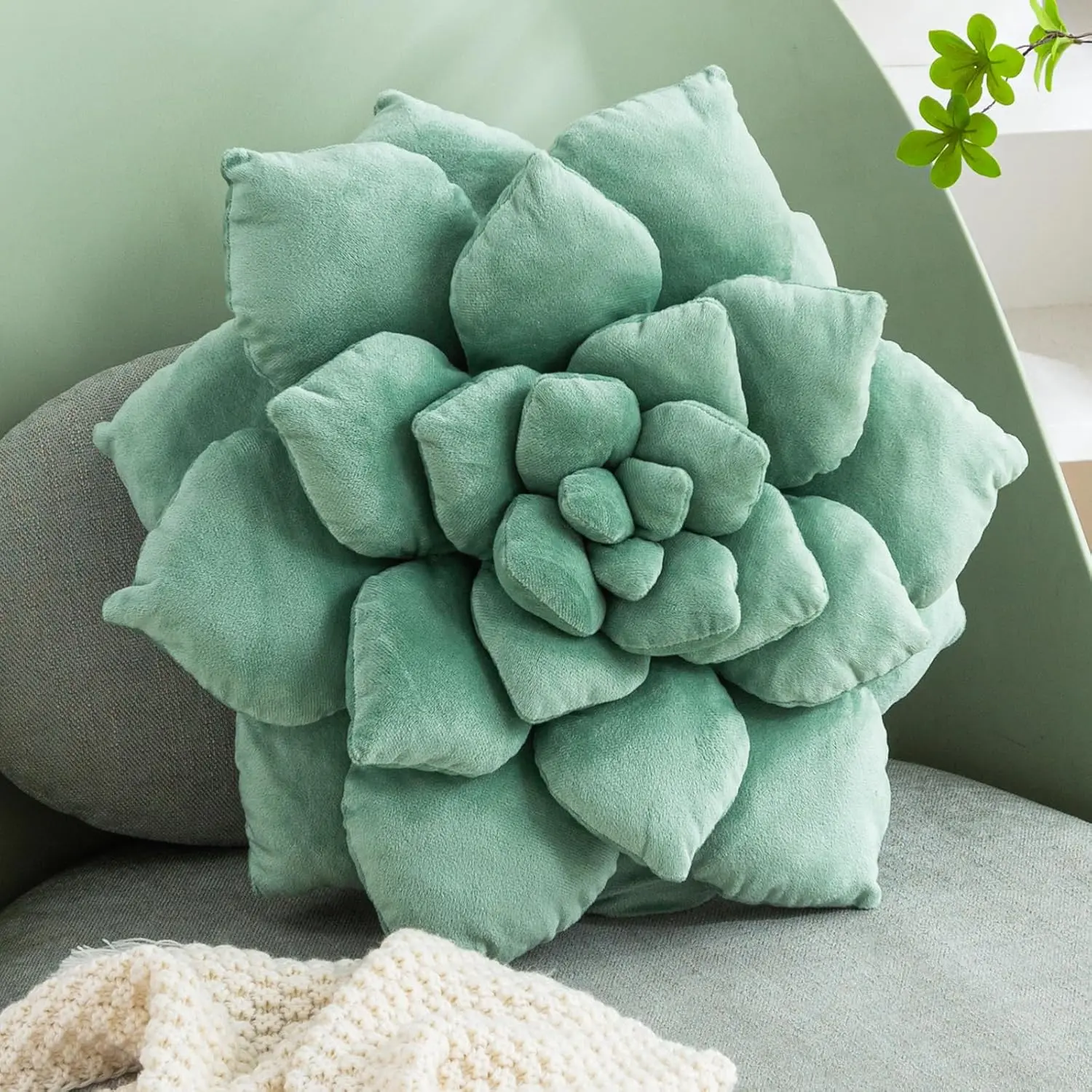 3D Large Succulentus Pillow 13.8'' Cute Flower Pillow  Shaped Cactus Decor Green  Throw Cushions for Bedroom Home Decoration (Dark Green, 13.8 inch)