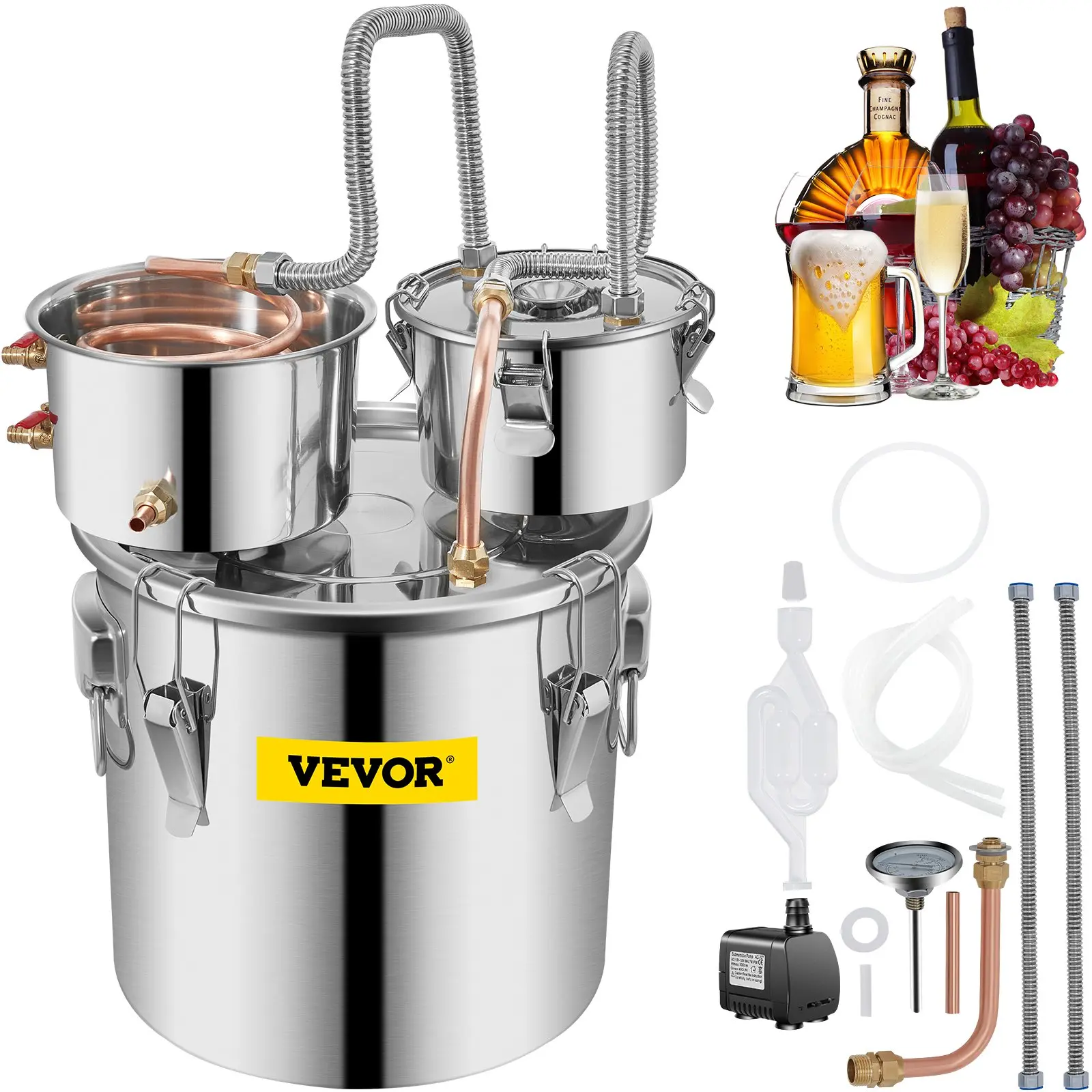 VEVOR 8 Gal (30L) Stainless Steel Moonshine Still Homebrew Kit, 6.5 kg Copper Tube Water Alcohol Distiller with Circulating Pump, Built-in Thermometer, Easy to Operate for DIY Whisky Wine Brandy Party Home Brewing