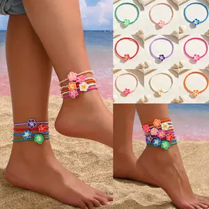 9Pcs Bohemian 3D Hawaiian Soft Clay Flower Elastic Anklets Set Charm Colorful Handmade Stackable Rice Beads Bracelet Vibrant Beads Ankle Chain Daily Seaside Vacation Wear Travel Beach Foot Chain Jewelry Holiday Gift