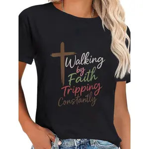 100% Cotton Unisex Christian Faith Humor Graphic Tees Vintage Walking By Faith Tripping Constantly Funny Christian T-Shirt Graphic Printed Causal Tee Casual Fit