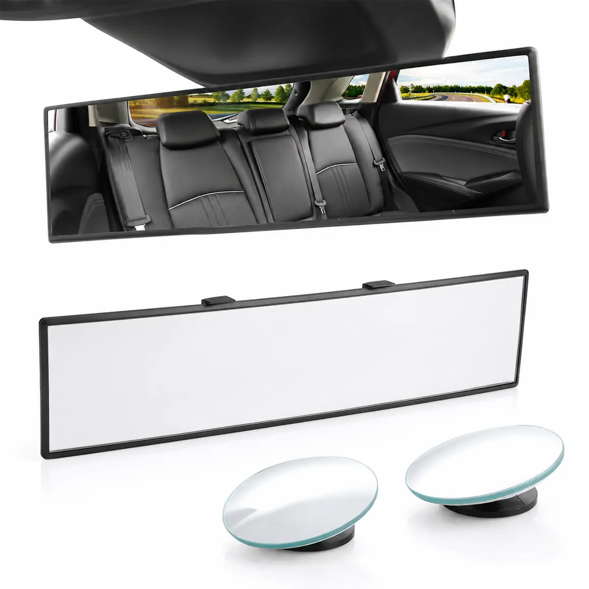 Panoramic Rear View Mirror Kit with 2 Blind Spot Mirrors, Wide Angle Clip On Rearview Mirror, Rear & Side Visibility Upgrade for Cars SUVs Trucks Vans, Daily Driving, Lane Changes & Parking