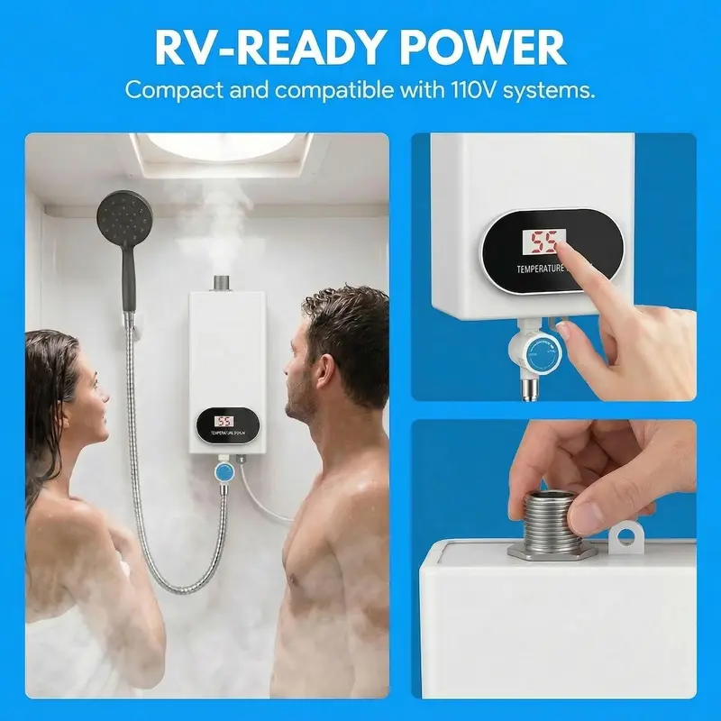 3500W Electric Tankless Water Heater Shower Head Set with LCD Display Instant Hot Water Easy Install for Bathrooms Kitchens and RVs White Stainless Steel Household Appliances