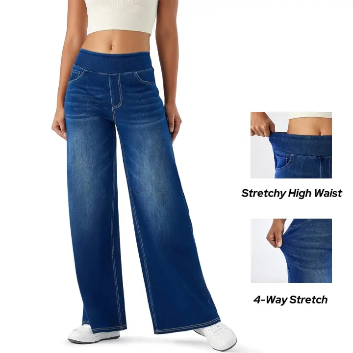 Women's High Rise Wide Leg Jeggings Stretch Pull On Jeans-Style Soft Denim