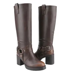 BELOVELY【TIMBERLY-12】Size up !Women Knee-high Harness buckle Studded Strap Chuncky High Heel Boots Size UP! Girl Footwear Girl Footwear