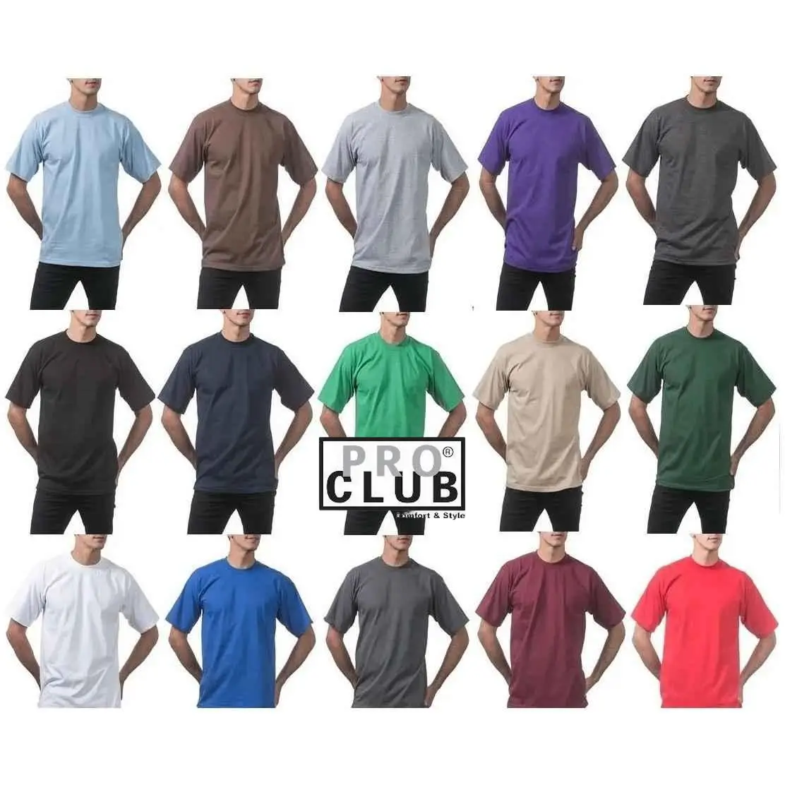 3 Pack Pack Pro Club Men's Heavyweight Short Sleeve T-Shirts - 100% Cotton Crew Neck Fitted Style Casual Wear