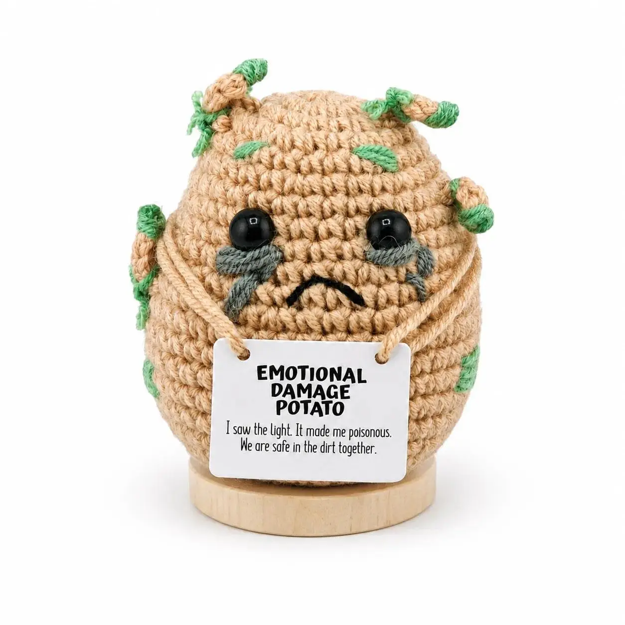 Emotional Damage Potato Crochet Plush, 3 Inch Funny Handmade Doll with Wooden Base and Hanging Message Card, Cute Desk Decor, Emotional Support Potato Gift for Friends Coworkers Office Shelf De animal encouragement