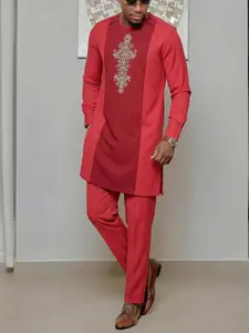 Muslim Men's Dashiki Set, Kurta Outfits, Long Sleeve Embroidered Ethnic Blouse, Traditional Kaftan for Festive Weddings, Formal Events, Holiday Parties