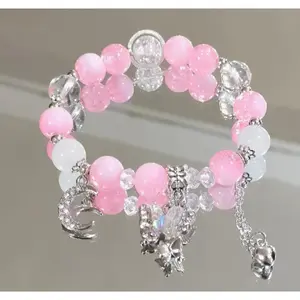 Maple Leaf Polish Strips Nail Art Kit, Her Apex Pink Beaded Stackable Y2K Aesthetic Charm Bracelets for Women Handmade Acrylic Square Press-On Nails