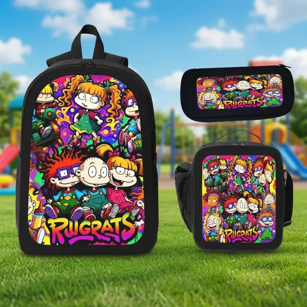 Rugrats Cartoon 3Pcs Backpack Set, 17 Inch Kids Student Bookbag with Lunch Box & Pencil Case, Colorful Retro Animated Character Print Oxford Rucksack, Cute School Bag Gift for Boys Girls Cartoon Fans Travel Daily Use