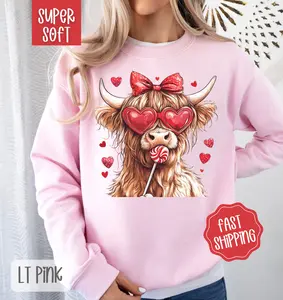 Valentine Cow Sweatshirt, Valentine's Day Crewneck, Cute Women's Sweater