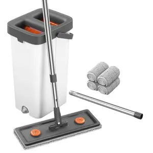 Flat Mop and Bucket Set with Wringer 360° Rotating Floor Cleaner Extendable Handle Washable Microfiber Pads for Home Office Cleaning - Stainless Steel Handle & Plastic Bucket