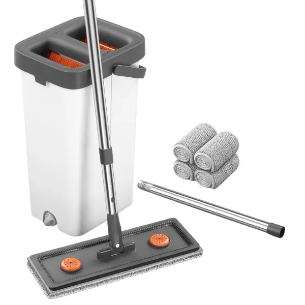 Flat Mop and Bucket Set with Wringer 360° Rotating Floor Cleaner Extendable Handle Washable Microfiber Pads for Home Office Cleaning - Stainless Steel Handle & Plastic Bucket
