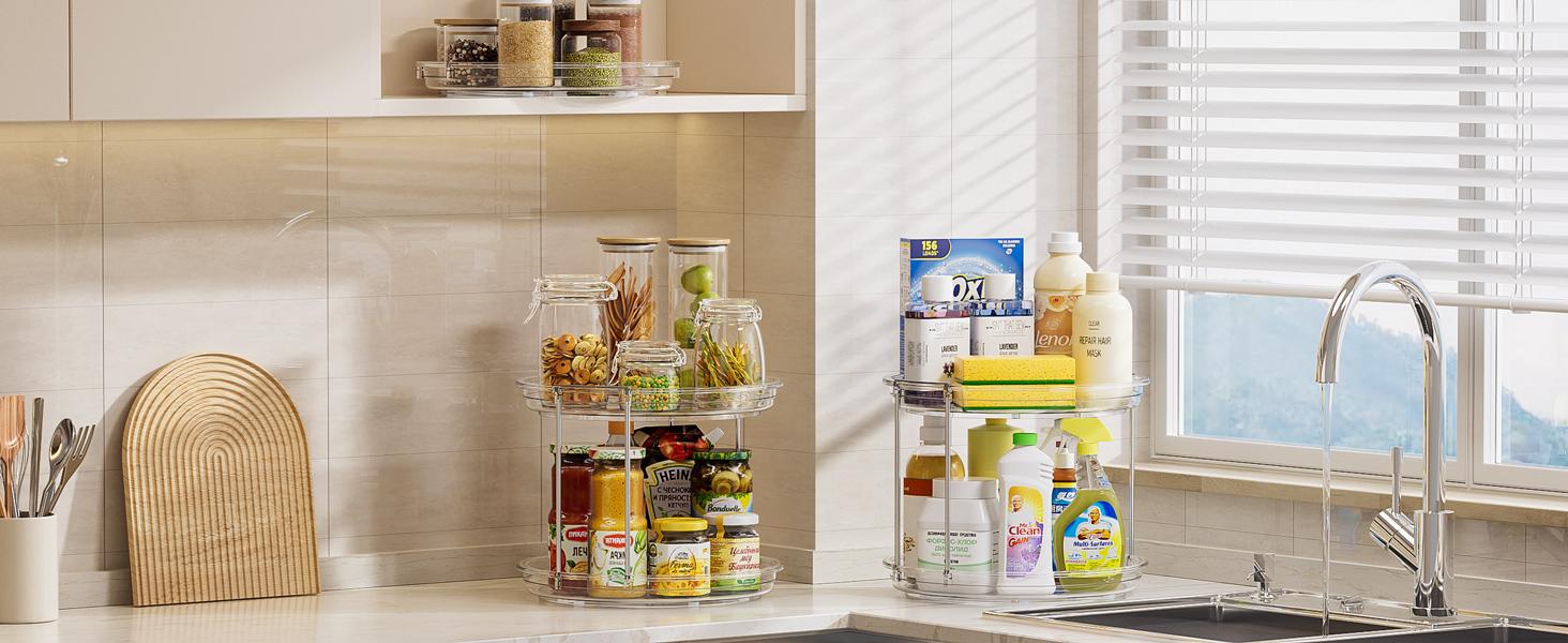 2 Tier Lazy Susan Turntable Organizer 9.25'' Rotating Spice Rack Organization for Cabinet, Kitchen, Pantry, Countertop, Bathroom, Vanity, Medicine Cabinet Organizer, Clear 2 Tier Lazy Susan Turntable Organizer 9.25'' Rotating Spice Rack Organization for Cabinet, Kitchen, Pantry, Countertop, Bathroom, Vanity, Medicine Cabinet Organizer, Clear