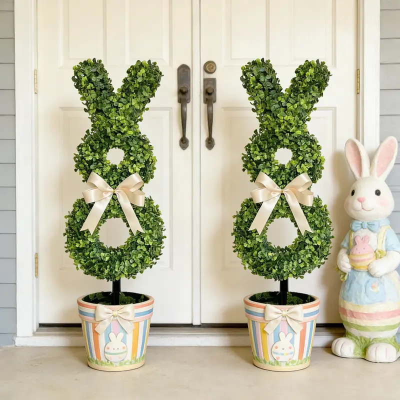 Easter Rabbit-Shaped Artificial Green Topiary Tree, Cute Bunny Cutout Decoration, Perfect for Easter Party Front Door, Courtyard and Garden Decor