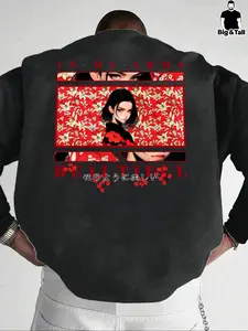 【Plus Size】 Figure & Letter Print Drop Shoulder Sweatshirt, Casual Regular Fit Long Sleeve Round Neck Pullover for Fall & Winter, Men's Clothes for Daily Wear