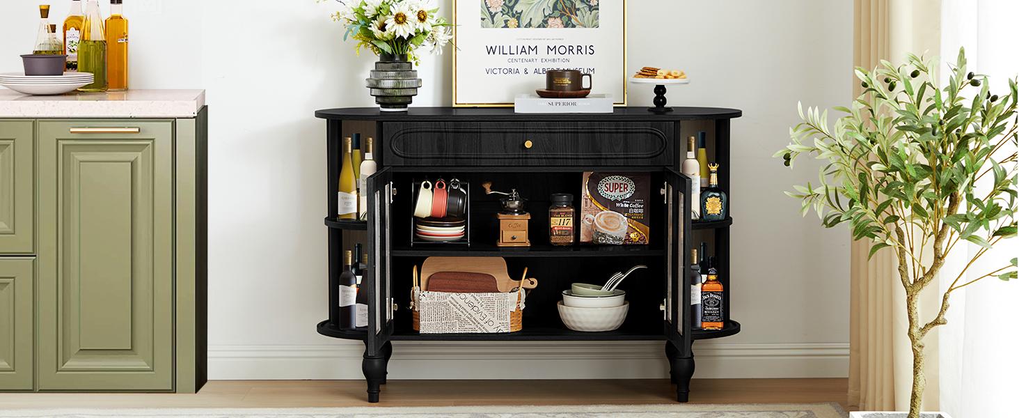 Giratree 47'' Fluted Sideboard Buffer Cabinet with Drawer, Modern Credenza Storage Cabinet, Bar Cabinet Console Table with Tambour Sliding Side for Living Dining Room Kitchen Hallway Entryway