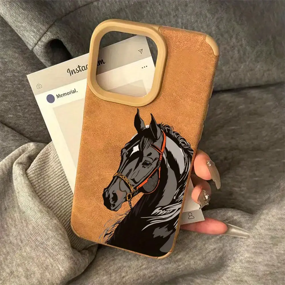 Vintage Elegant Equestrian Horse Smartphone Casing for iPhone 17/16/15 Pro Max/14 Plus/13/12/11 Pro/Air, TPU & Suede-Like Texture, Anti-Scratch Drop Protection Soft Case for Handheld Cellphone Devices