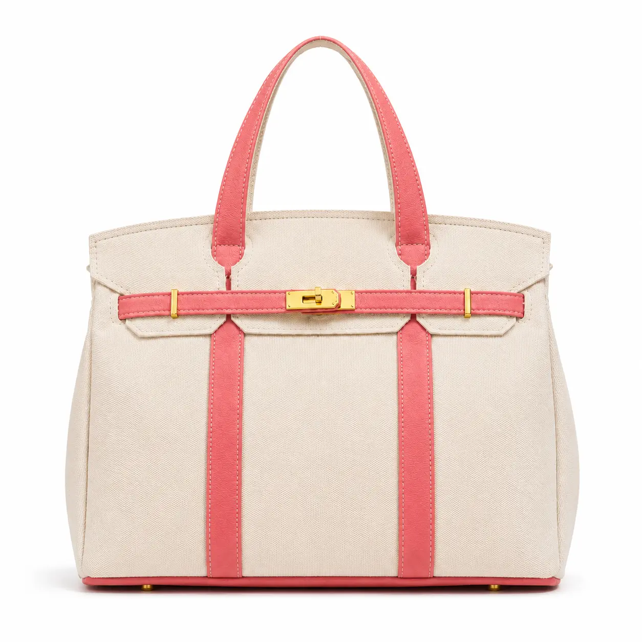Women’s Structured Canvas Tote Bag - Large Capacity Top Handle Handbag with Gold Clasp, Contrast Trim, Structured Shape for Business Casual Outfits, Everyday Use Gym Purse