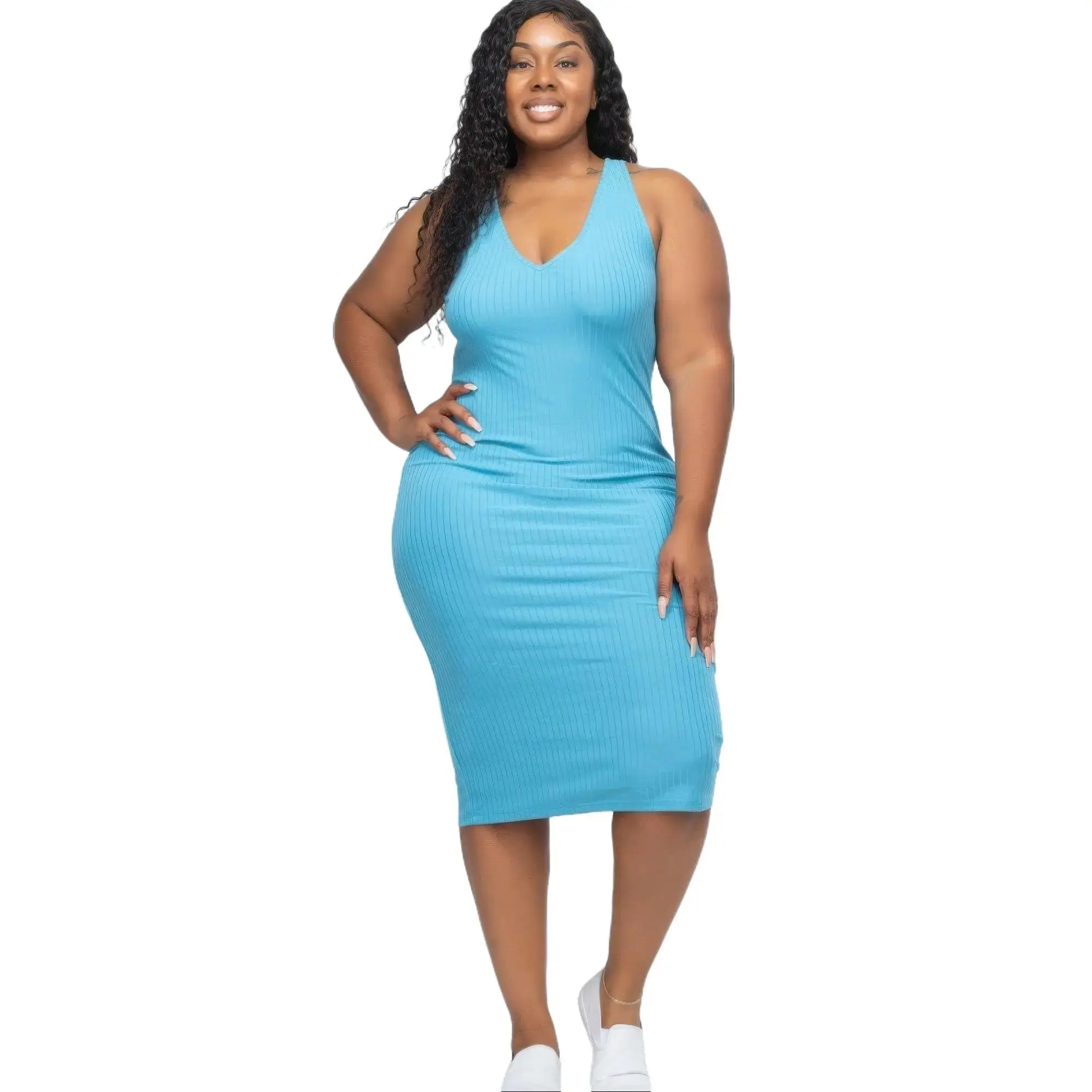 Plus Size Ribbed Sleeveless Bodycon Midi Dress in Turquoise Soft Lightweight Jersey Fabric for All-Day Comfort Flattering Fit Elegant Women's Plain Bodycon Dress - Casual