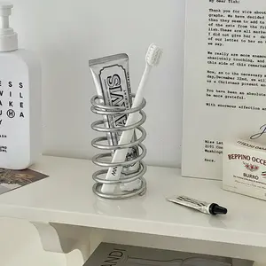 Stainless Steel Toothbrush Holder Rack, Simple Design Storage Organizer, Creative Spring Toothbrush Stand, Makeup Brush Container, Bathroom Accessory