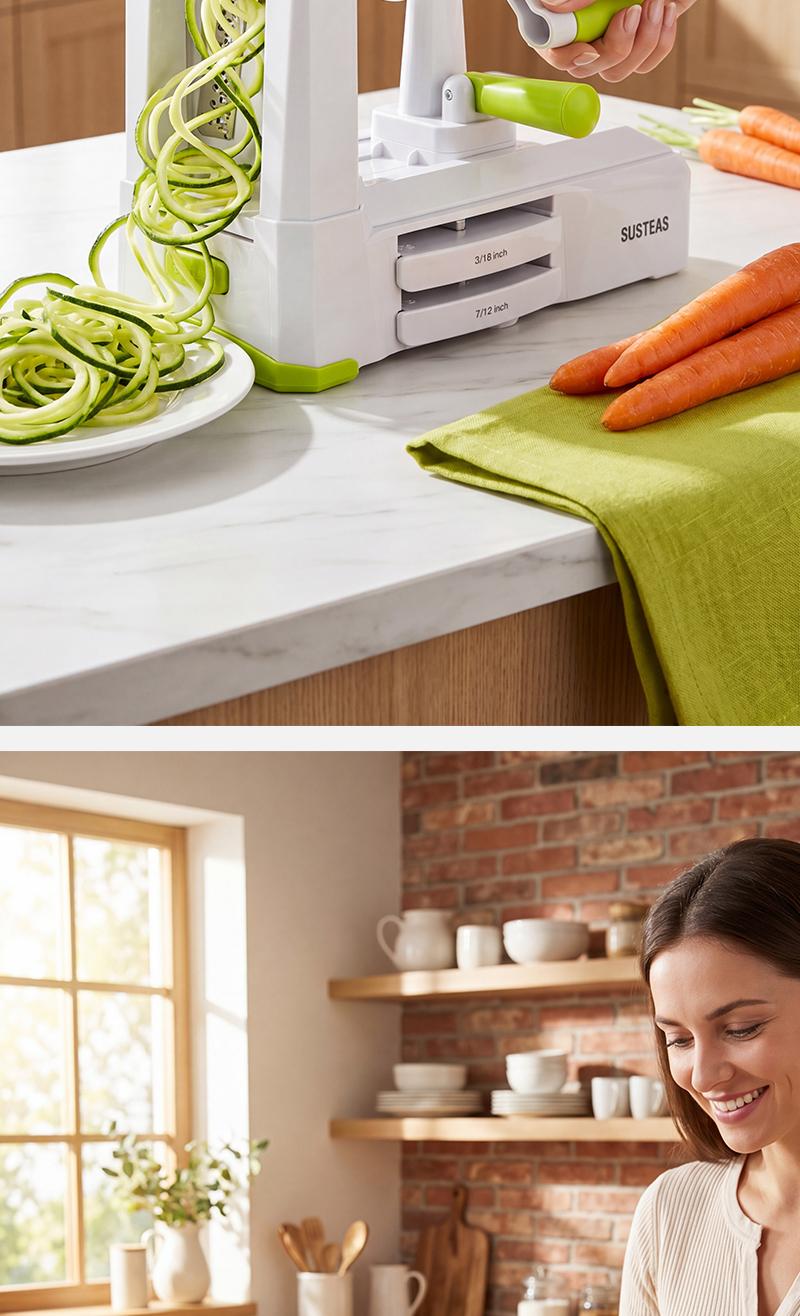 SUSTEAS Manual Vegetable Slicer Mandoline - 5 Replaceable Detachable Blades, Strong Suction Base, Smooth Hand Crank, 2/3/5/5.5mm Shreds/Wide Strips, Lightweight Durable, Safe Quick Even Cutting for Fruits, Veggies, Carrot, Cheese, Chocolate