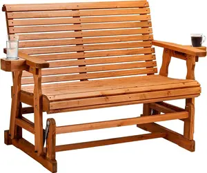 【Mother'sDaygift】Karlhome Outdoor Glider Wood Patio Chair with Cup Holders, Outdoor Bench Glider Loveseat with Smooth Rocking Mechanism, Heavy Duty 800 LBS