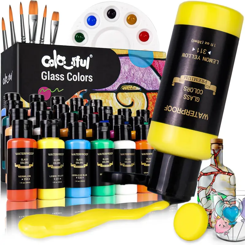 Colorful 14/26 Colors Stain Glass Paint Set with 6 Brushes, 1 Palette & 1 Sponge,  Waterproof Permanent Glass Painting Kit for Arts on Wine Glasses,Bottle and Windows