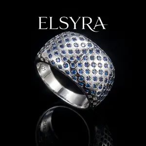 S925 Sterling Silver Bold Architectural Ring with Blue Zirconia, White Gold Plated Chunky Wide Eternity Band, Brutalist Statement Ring for Women, Maximalist Jewelry Gift,punk style, goth style